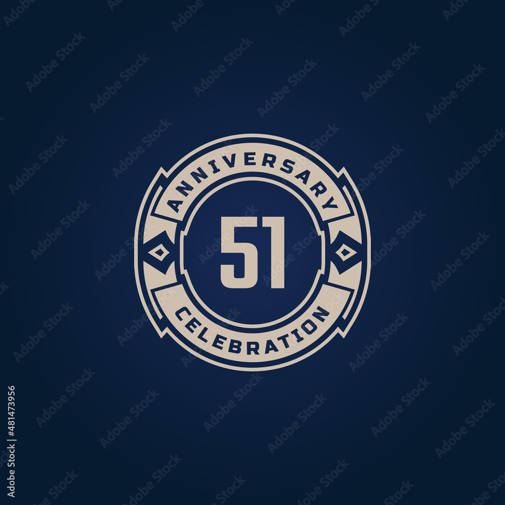 51 Year Anniversary Celebration with Golden Color for Celebration Event, Wedding, Greeting card, and Invitation Isolated on Blue Background