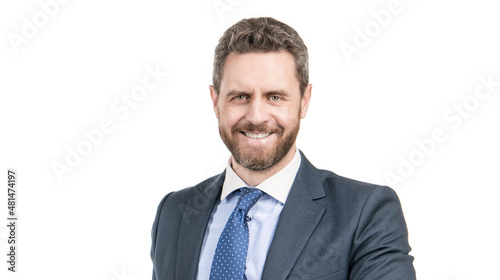 Portrait of happy professional man with smiling face in formal suit isolated on white, guy