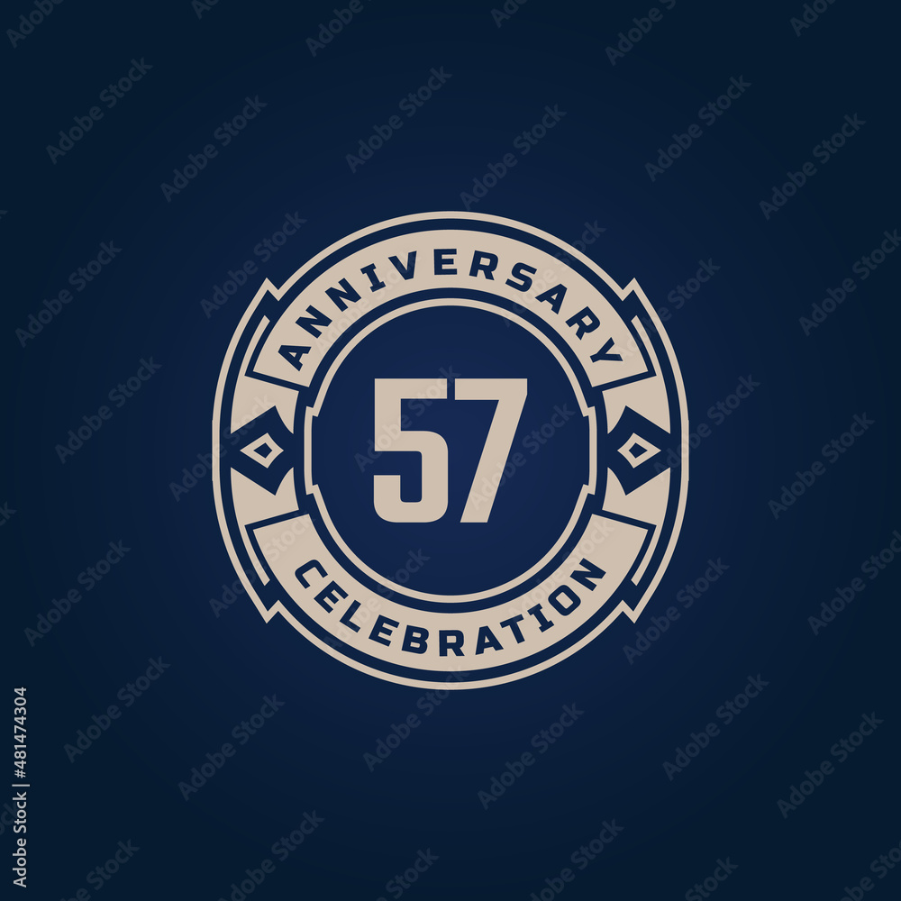 57 Year Anniversary Celebration with Golden Color for Celebration Event, Wedding, Greeting card, and Invitation Isolated on Blue Background