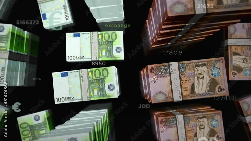 Euro and Jordan Dinar money exchange. Paper banknotes pack bundle. Concept of trade, economy, competition, crisis, banking and finance. Notes loopable seamless 3d animation.