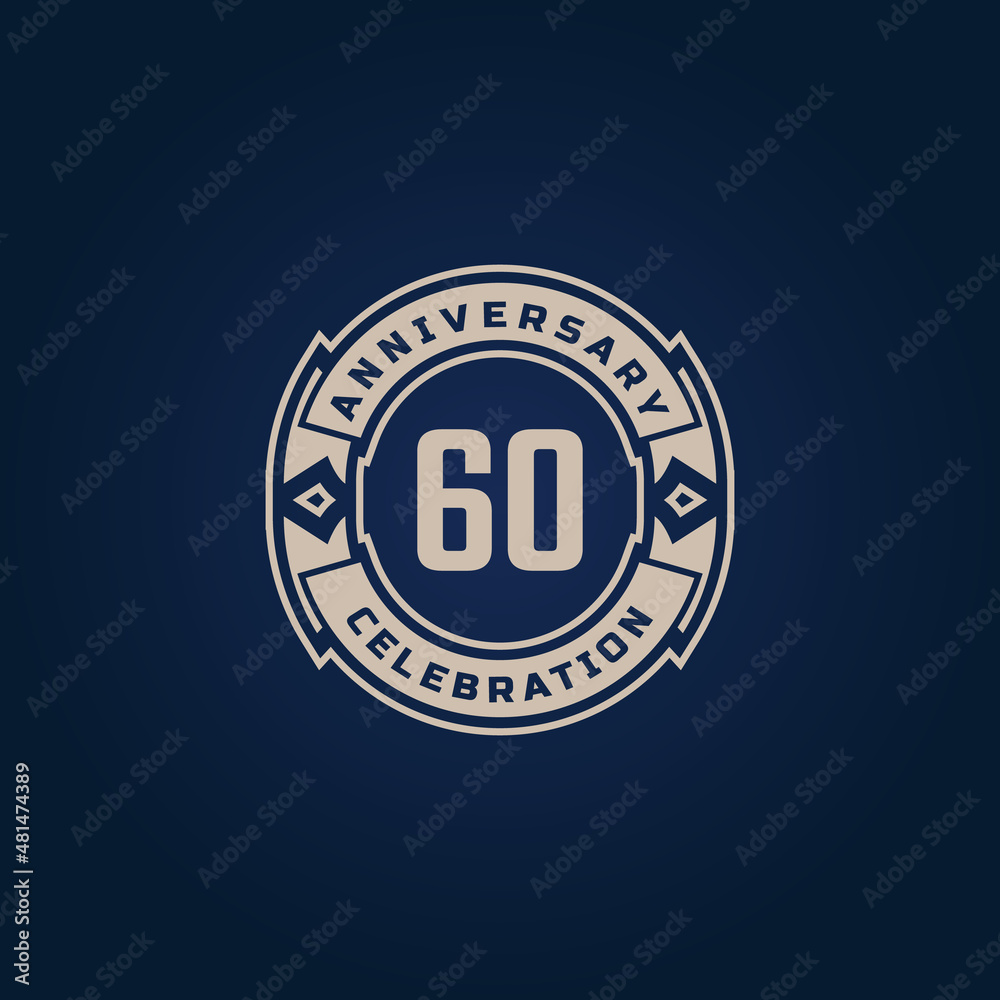 60 Year Anniversary Celebration with Golden Color for Celebration Event, Wedding, Greeting card, and Invitation Isolated on Blue Background