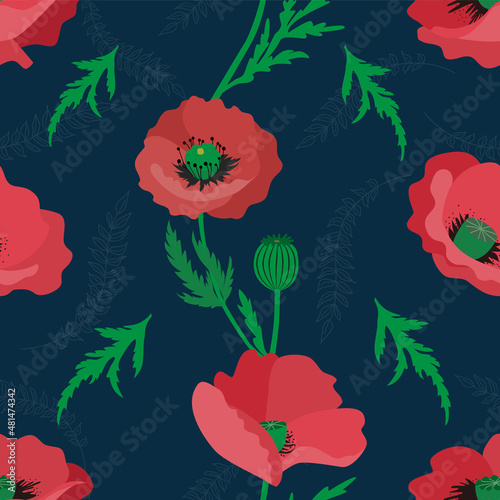 Poppies seamless pattern on a dark background. Floral vector pattern with red poppies. Pattern for memorial day and for congratulations