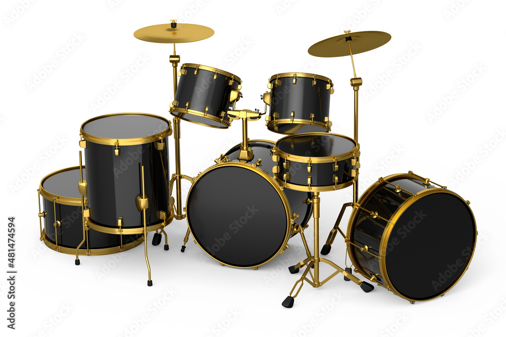 Set of realistic drums with metal cymbals or drumset on white background Set of realistic drums with metal cymbals or drumset on white background