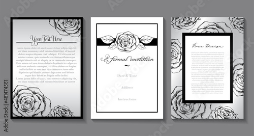 A set of elegant rose sketch invitation designs in black, white, and silver
