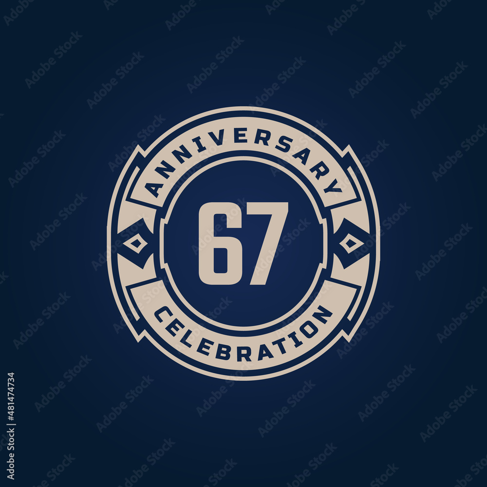 67 Year Anniversary Celebration with Golden Color for Celebration Event, Wedding, Greeting card, and Invitation Isolated on Blue Background