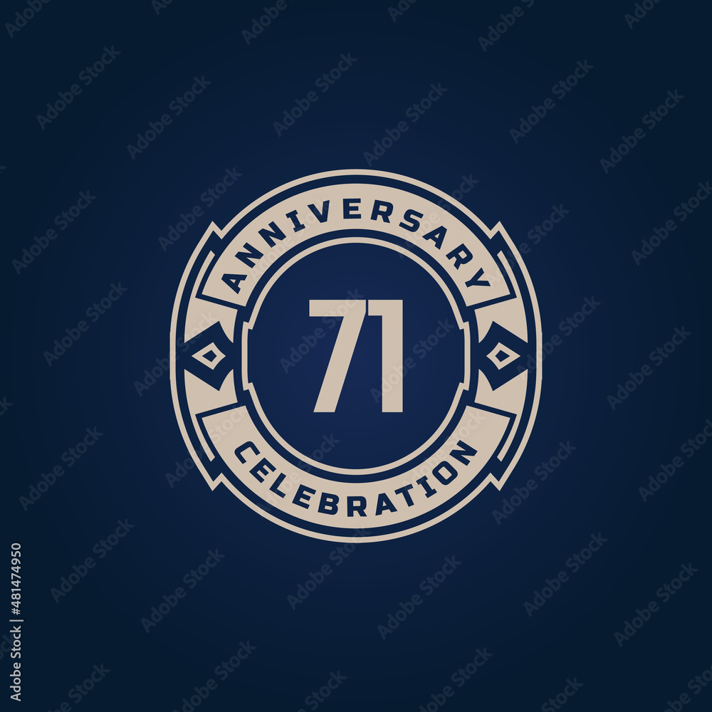 71 Year Anniversary Celebration with Golden Color for Celebration Event, Wedding, Greeting card, and Invitation Isolated on Blue Background