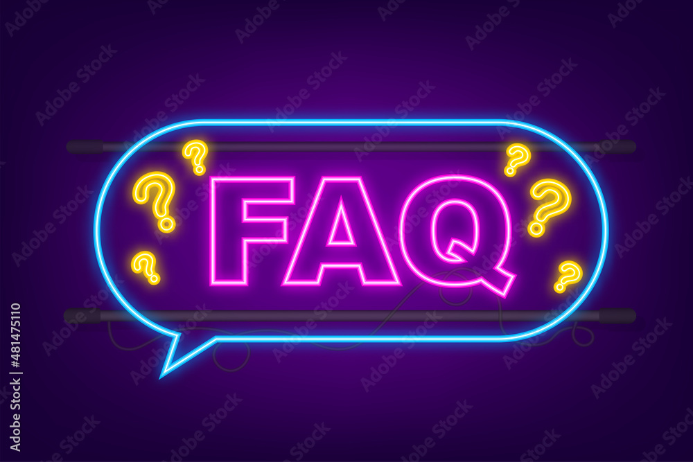Frequently asked questions FAQ banner. Neon icon. Computer with question icons. Vector illustration. - obrazy, fototapety, plakaty 
