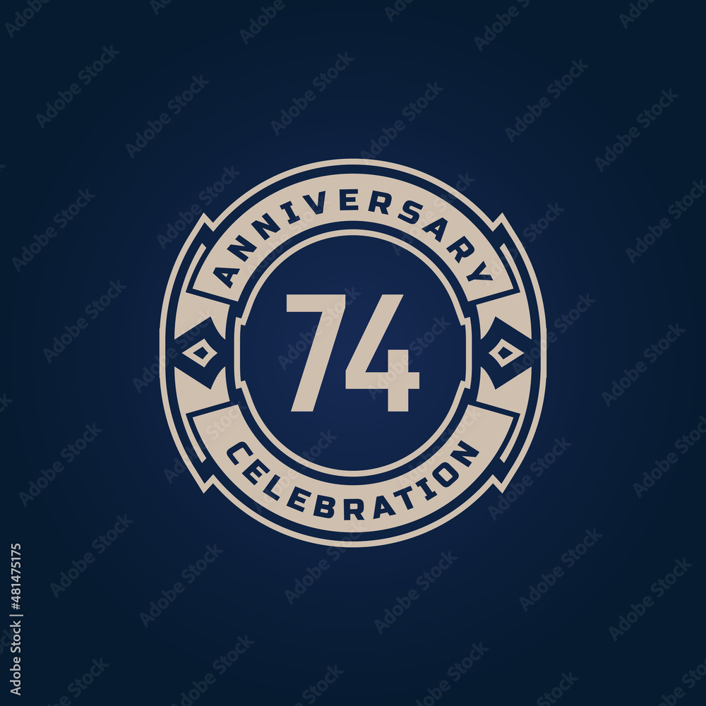 Naklejka premium 74 Year Anniversary Celebration with Golden Color for Celebration Event, Wedding, Greeting card, and Invitation Isolated on Blue Background