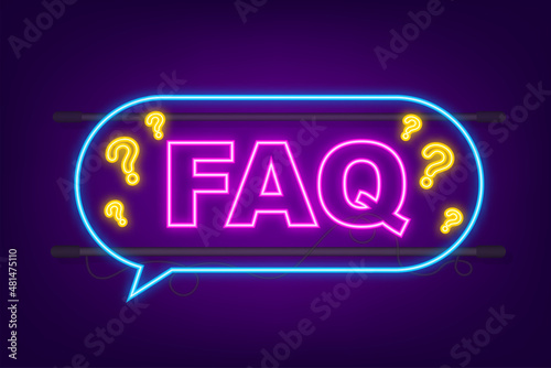 Frequently asked questions FAQ banner. Neon icon. Computer with question icons. Vector illustration.