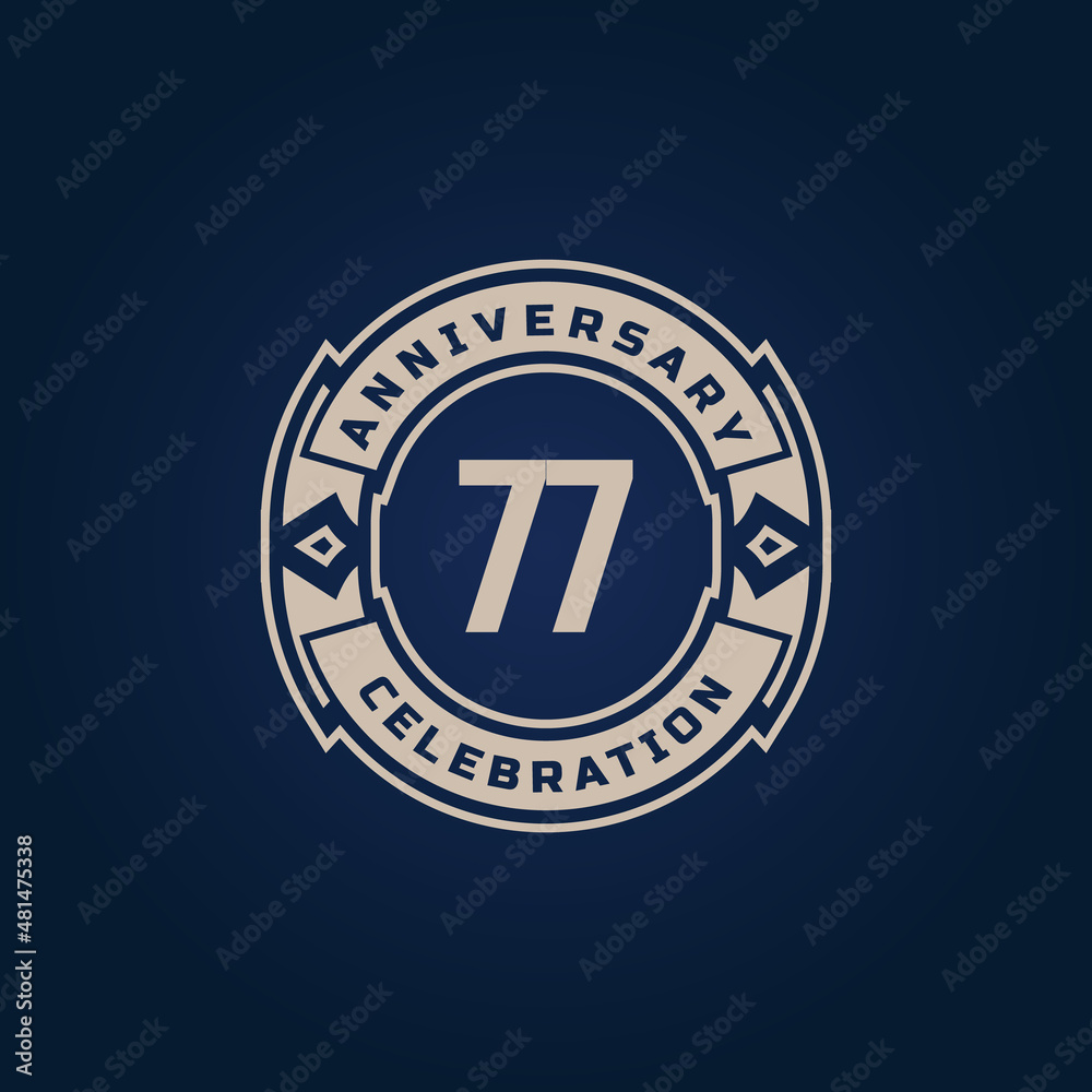 Naklejka premium 77 Year Anniversary Celebration with Golden Color for Celebration Event, Wedding, Greeting card, and Invitation Isolated on Blue Background