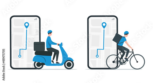 Home delivery. Online shopping. Courier service. Flat colored vector illustration. Isolated on white background. 