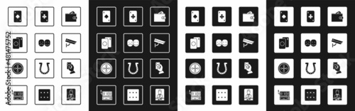 Set Wallet with money, Poker player, Deck of playing cards, Playing spades, Security camera, clubs, Hand holding and Casino roulette wheel icon. Vector