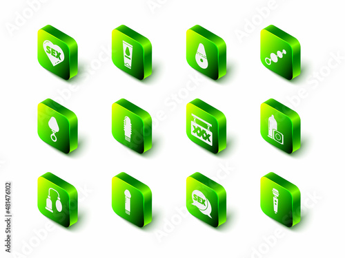 Set Personal lubricant, Dildo vibrator, Anal beads, Condom, Sex shop, Speech bubble with and icon. Vector