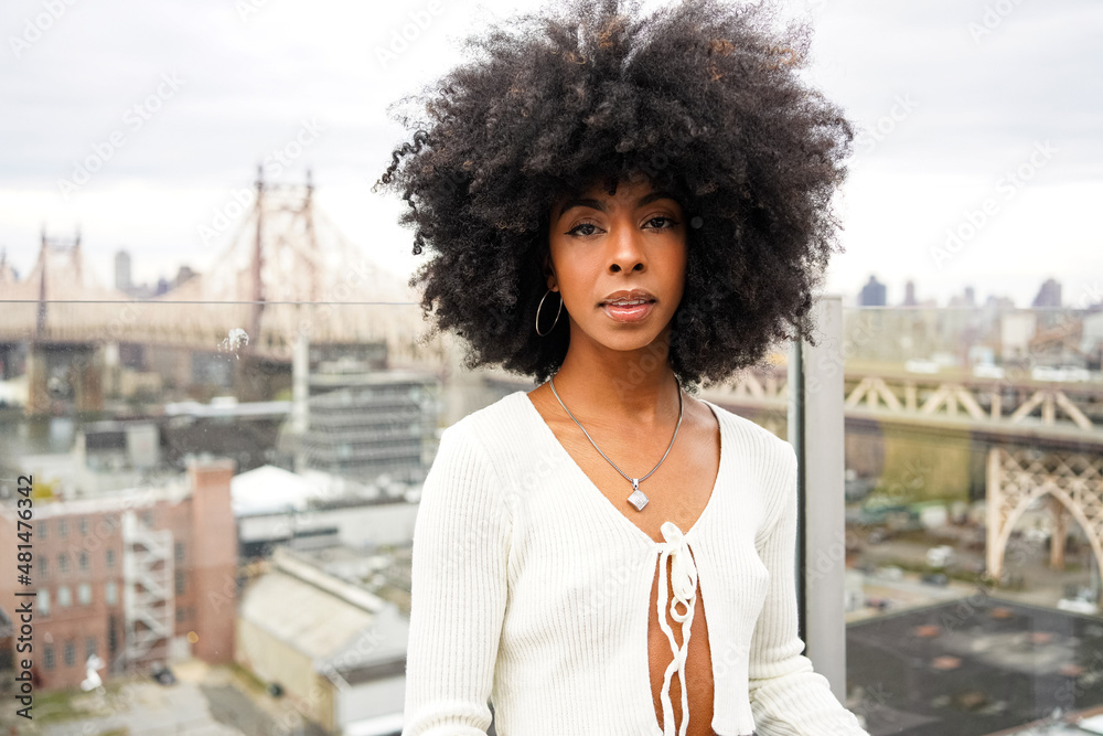 USA, New York, Portrait of woman with afro hair in city
