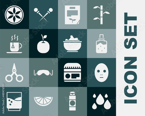Set Water drop, Facial cosmetic mask, Spa salt, Leaf document, Apple, Cup of tea with tea bag, plant nature and Sea in bowl icon. Vector