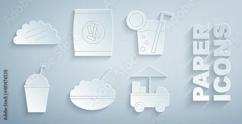 Set Rice in a bowl with chopstick, Cocktail, Milkshake, Fast street food cart, Hard bread chucks crackers and Taco tortilla icon. Vector
