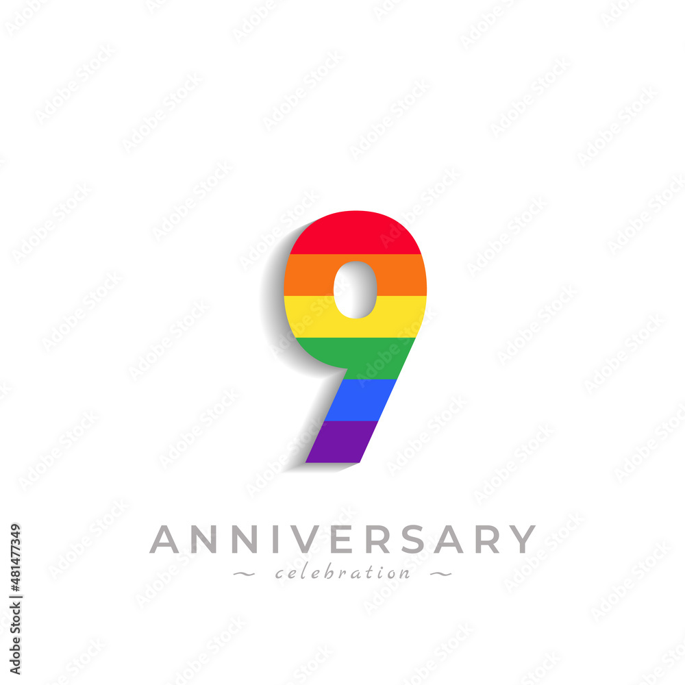 9 Year Anniversary Celebration with Rainbow Color for Celebration Event, Wedding, Greeting card, and Invitation Isolated on White Background