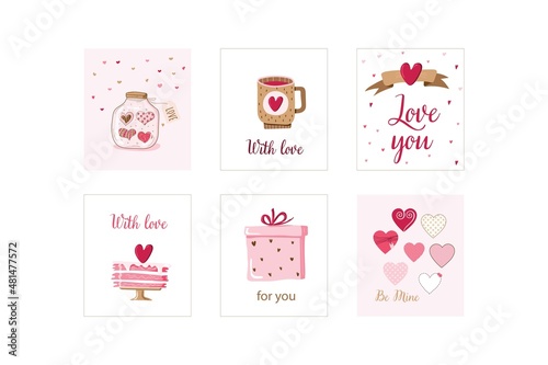 Set of 6 cards for valentine's day. Hand drawn posters. Greeting vector card for Valentine's Day with lettering. Pattern with color hearts. February 14