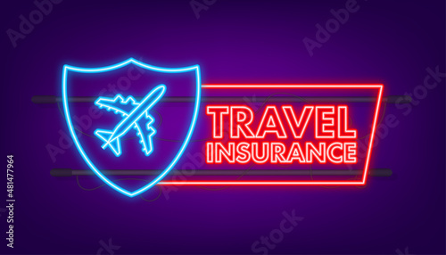 Travel insurance in neon style. Isometric vector illustration. Health insurance concept.