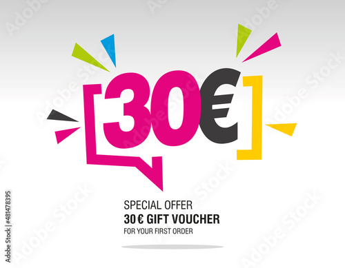 30 Euro internet website promotion sale offer big sale and super sale modern colorful coupon code 30 Euro discount gift voucher coupon