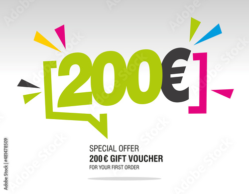 200 Euro internet website promotion sale offer big sale and super sale modern colorful coupon code 200 Euro discount gift voucher coupon