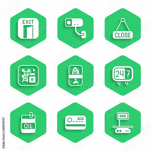 Set Fish plastic tray container, Credit card, Electronic scales, Clock 24 hours, Bottle of olive oil, QR code, Hanging sign with Closed and Fire exit icon. Vector