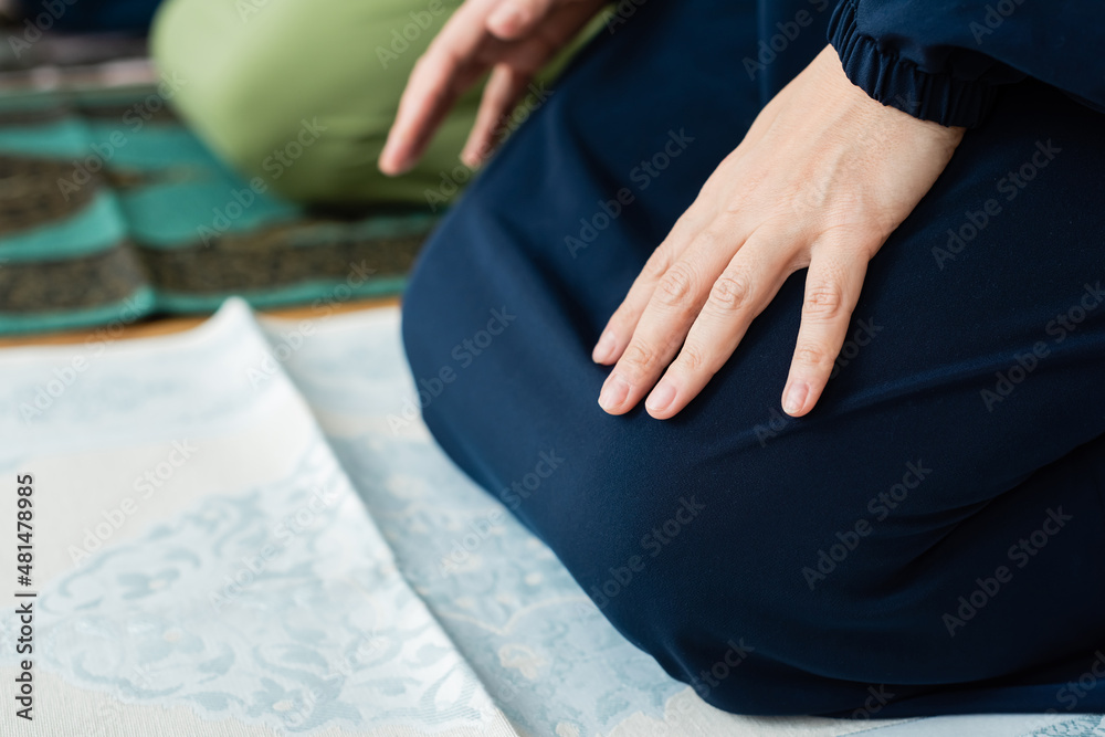 Cropped view of woman sitting on rug at home. Cropped view of woman sitting on rug at home.