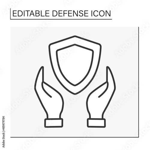  Shield line icon. Hands cover shield. Data protection. Defense concept. Isolated vector illustration. Editable stroke