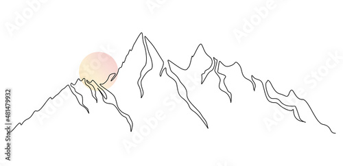 Mountain range landscape with sunset in One continuous line drawing. High mounts peak and sun in simple linear style. Adventure winter sports ski and hiking concept. Doodle vector illustration