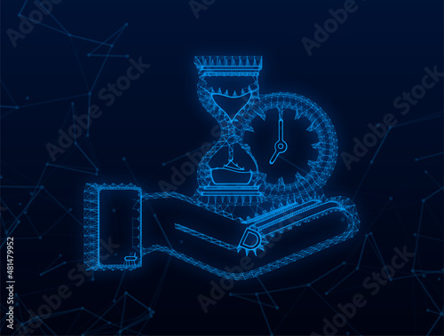 Plexus Timer and money in hands. Clock and bag, time is money, fast loan, payment period, savings account. Vector stock illustration