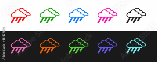 Set line Cloud with rain icon isolated on black and white background. Rain cloud precipitation with rain drops. Vector