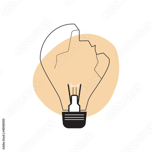 Broken yellow light bulb in flat modern logo style 