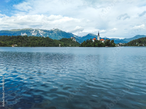 The scenery of Bled lake with Church of the Assumption of Maria and Bled Castle, Slovenia
