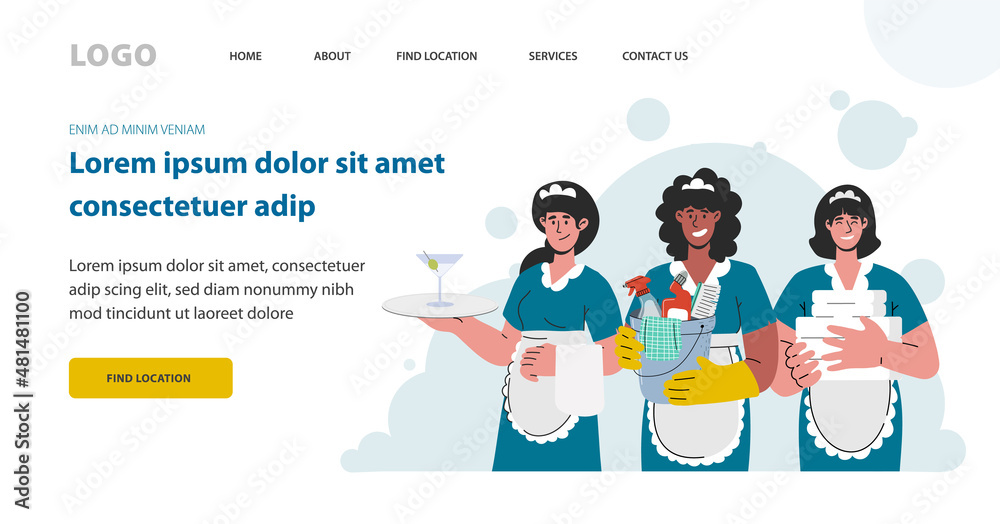 Maids in uniform with equipment,cleaning service in hotel.Template webite,vector