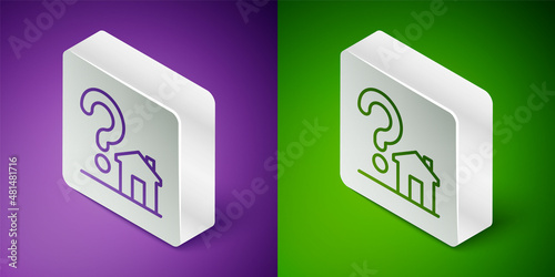 Isometric line House with question mark icon isolated on purple and green background. Housing problems, questions. Silver square button. Vector