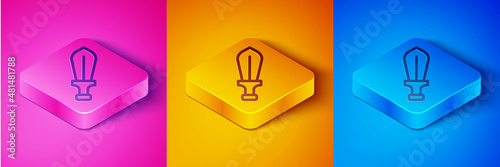 Isometric line Sword toy icon isolated on pink and orange, blue background. Square button. Vector