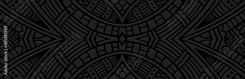 Banner, modern cover design. Dynamic geometric ethnic 3d pattern on black background, embossed decorative texture. Vector graphics for business background, magazine layout, brochure, booklet, flyer. photo