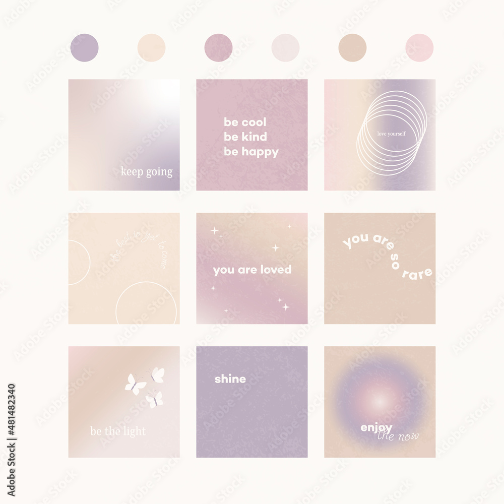 Set of gradients. Purple, pink, beige. Keep going, you are so rare, the best is yet to come, you are loved, be cool, be kind, be happy, shine, enjoy the now, love yourself, be the light 