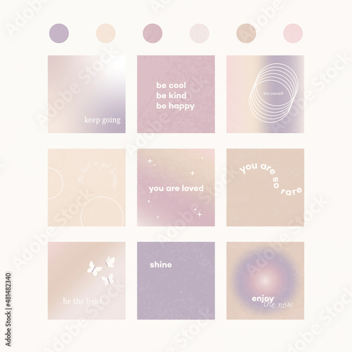 Set of gradients. Purple, pink, beige. Keep going, you are so rare, the best is yet to come, you are loved, be cool, be kind, be happy, shine, enjoy the now, love yourself, be the light 