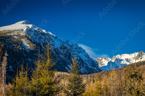 View of the landscape with snowy mountains. High Tatras National Park, Slovakia, Europe.