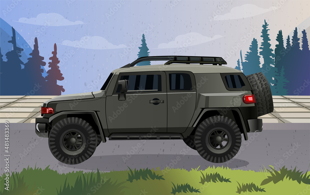 Vector Cartoon military 4x4 car , SUV ,Side View , car on the road