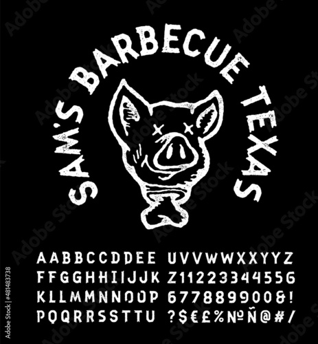 Vintage barbecue restaurant logo. Bbq Retro print with dead hog head grunge rustic illustration. Textured effect. Pig head badge and hand-drawn alphabet. Rustic roughen typeface.
