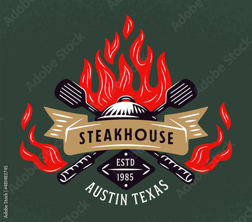 Retro Steakhouse Emblem Grill Logo. BBQ charcoal grill Badge. Open Fire braai icon. Barbecue Party Badge. Flame Background. Vintage Back yard party decor. Roasted meat restaurant. Colored version