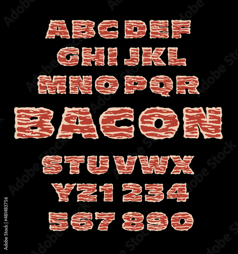 Bacon Alphabet. Pork meat textured typeface. Vintage bacon slice pattern lettering. Illustrative typography. Meat font. Tasty appetizing look. Roast ham alphabet headline