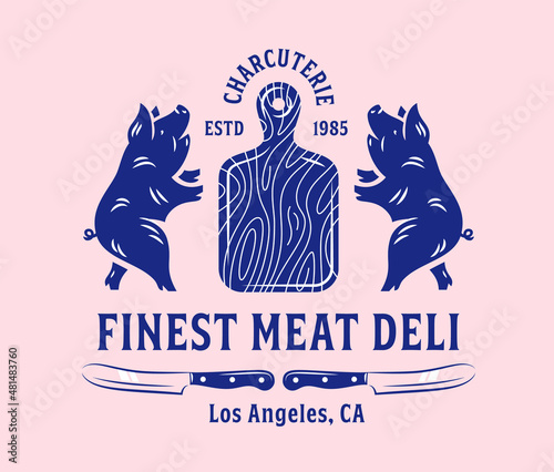 Pork meat business logo. Vintage elegant heraldry style pigs badge. Modern heraldry meat delicatessen emblem. Pork deli company. Retro pig icon. Premium butcher charcuterie logo