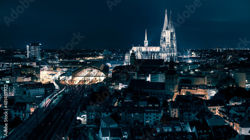 Skyline with Cologne Cathedral and central station at night