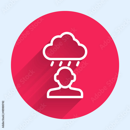 White line Depression and frustration icon isolated with long shadow background. Man in depressive state of mind. Mental health problems. Red circle button. Vector
