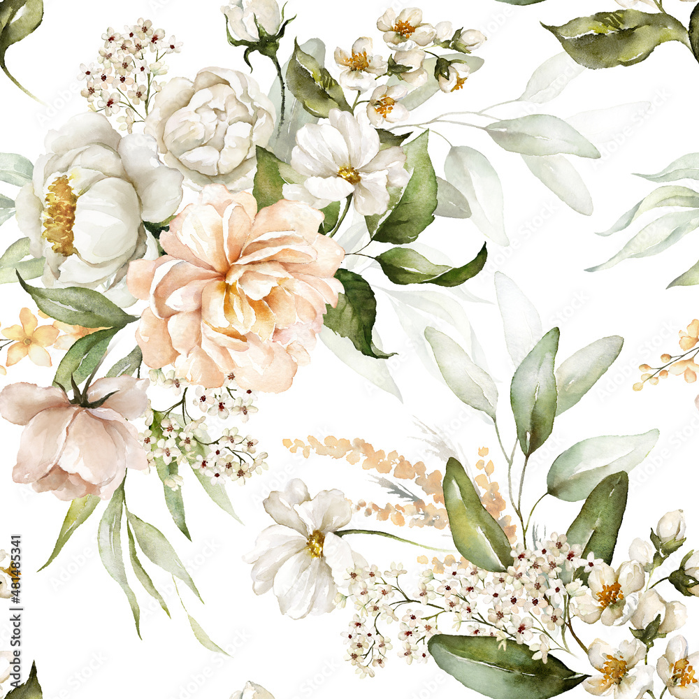 Seamless watercolor floral pattern - pink blush flowers elements, green leaves branches on white background; for wrappers, wallpapers, postcards, greeting cards, wedding invites, romantic events.