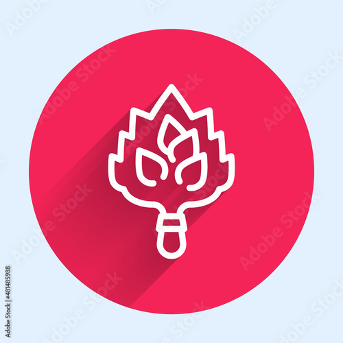White line Sauna broom icon isolated with long shadow background. Broom from birch twigs, branches for Russian steam bath, sauna, washhouse. Red circle button. Vector