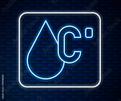 Glowing neon line Water temperature icon isolated on brick wall background. Vector